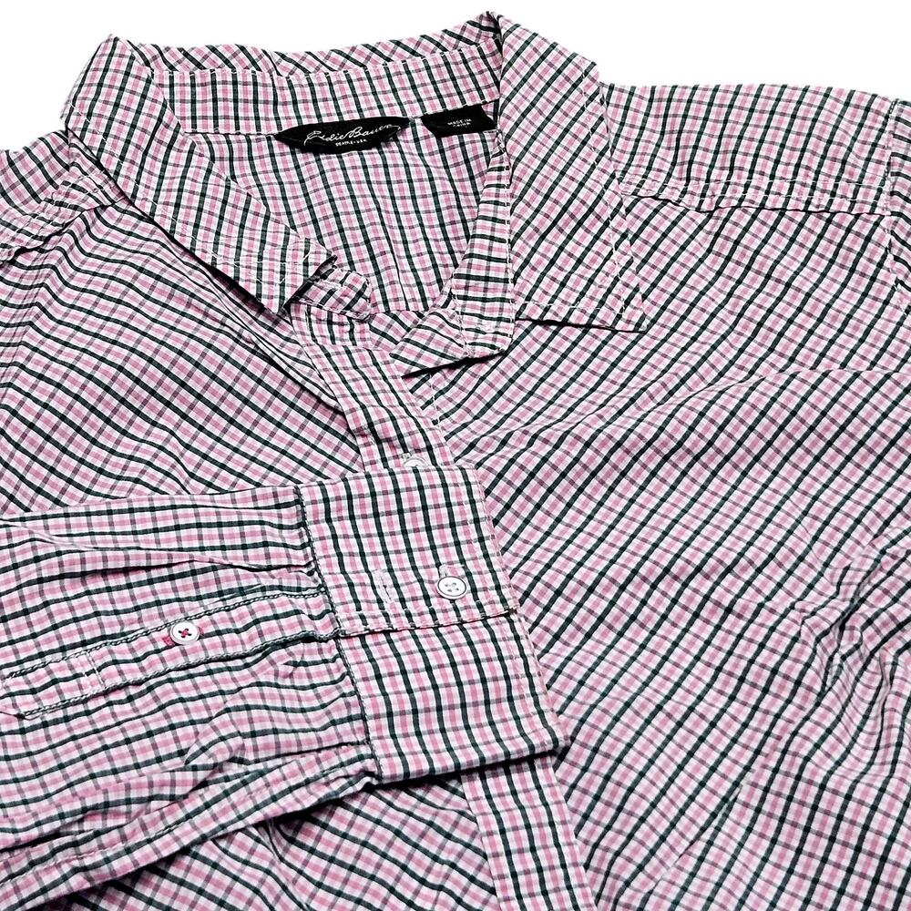 Eddie Bauer Button Down Shirt XL Pink Green Check Plaid Casual Outdoor‎